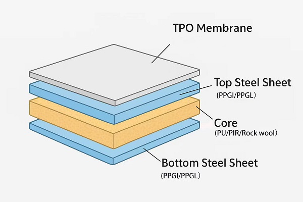 TPO Film Sandwich Panel structural diagram TPO Laminated Sandwich Panel structural diagram