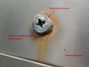 Galvanic corrosion occurs when stainless steel & galvanized steel screws come into contact.
