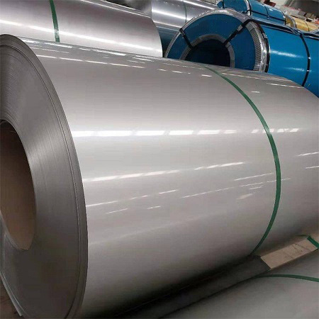 2B finish stainless steel coil on a wooden pallet showing the dull grey mill surface