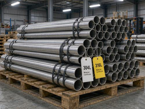 Bundles of ASTM A269 stainless steel pipe in 304L and 316L, tagged and racked for shipment