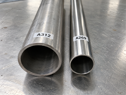 Two stainless steel pipe and tube samples, one marked A312 and one marked A269, lying side by side on a bench