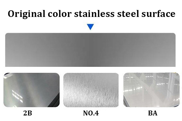 Macro view of 2B, No.4 brushed grain and BA bright annealed stainless steel surfaces under the same light - stainless steel surface finish guide
