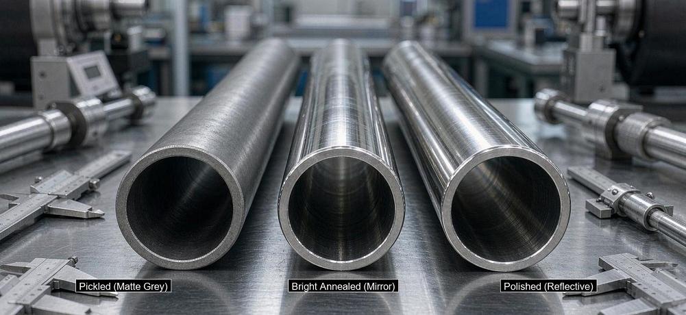 Pickled, bright annealed and polished surface samples on stainless steel pipe and tube